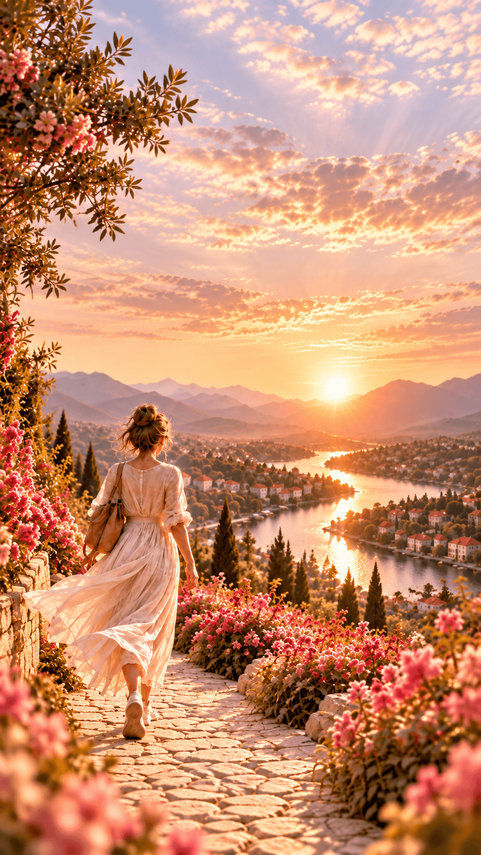 Frau im hellen Kleid geht bei Sonnenuntergang einen Blumenweg entlang